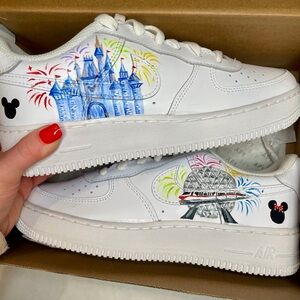 White Womens Custom AirFoce Ones with Colorful Disney Castle and Mickey Design